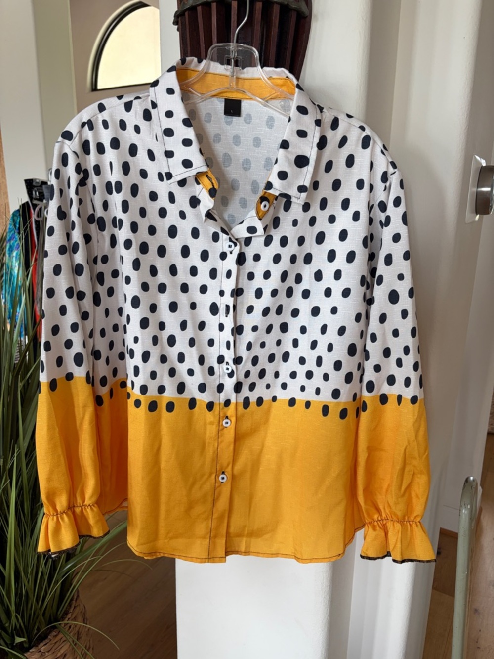 Feminine Polka Dot Button-Up Blouse with Mustard Color-block